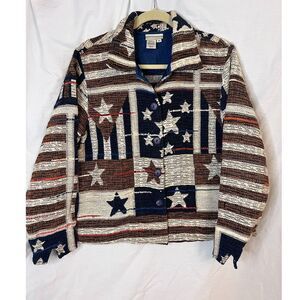 Coldwater Creek women's button up‎ tapestry jacket flag star stripe  Size Medium